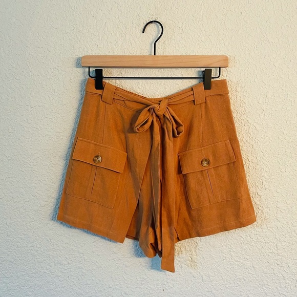 The Korner Pants - The Korner Camel Brown Pull Up Tie Waist Pocket Front Shorts